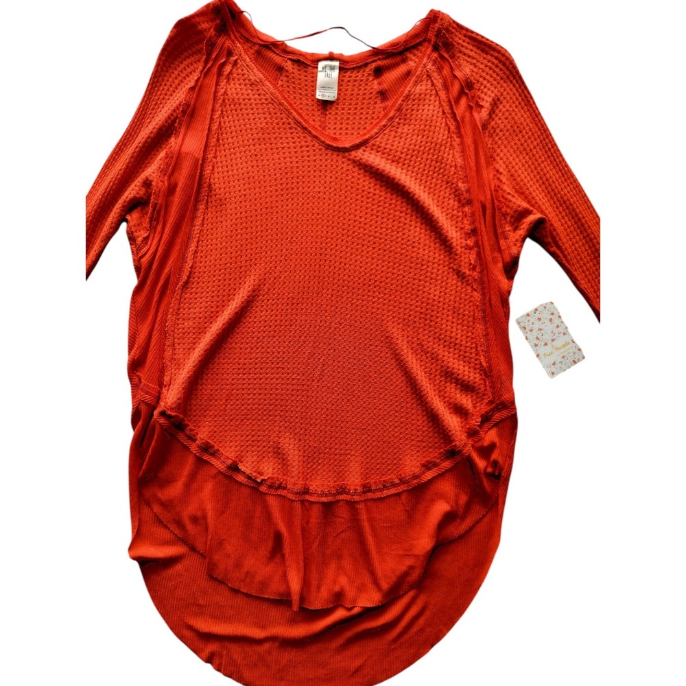 New Free People Women's Orange Catalina Waffle Knit Thermal Top Size XS - Picture 3 of 11